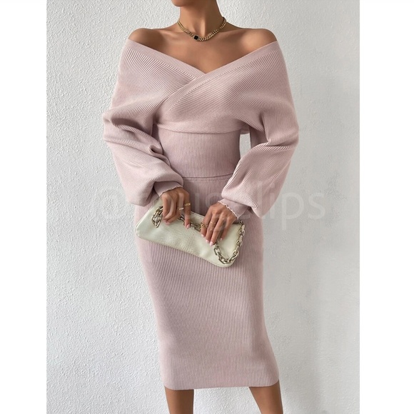 2 Piece Set Rib Knit Blush Pink Midi Skirt and V-Neck Pullover Sweater - Picture 3 of 12